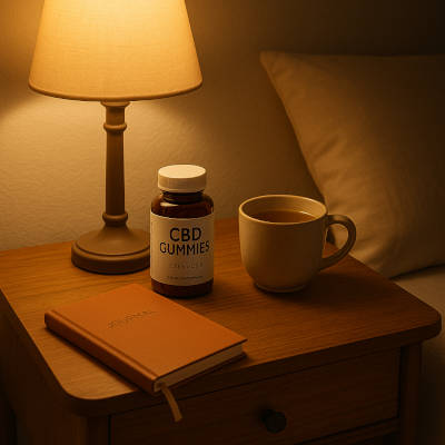Nightstand with a CBD gummy bottle, journal, herbal tea, and dim light as part of a calming bedtime routine.