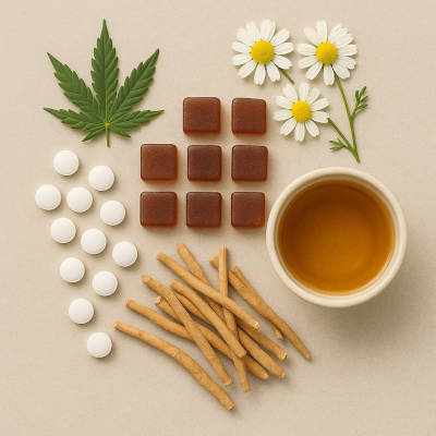 Flat lay of CBD gummies surrounded by melatonin tablets, chamomile flowers, ashwagandha root, and tea.