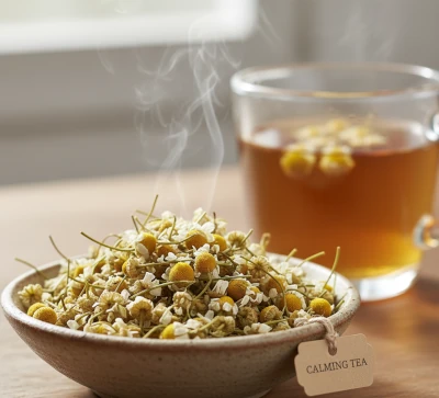 Dried chamomile flowers used to make calming tea.