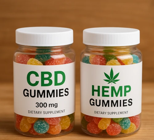 bottle of hemp gummies and cbd gummies side by side.