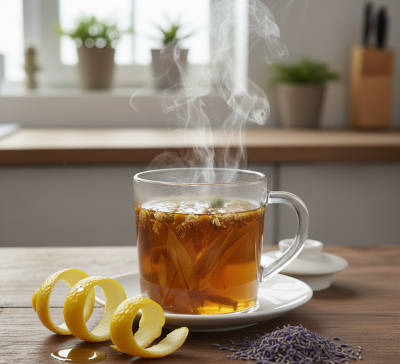 Strip of lemon peel and a pinch of dried lavender next to a teacup.