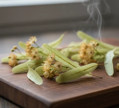 Linden blossoms with pale green bracts on a wooden board.