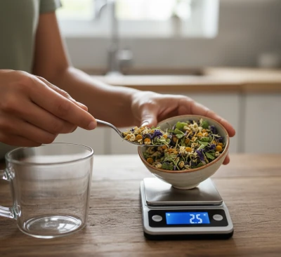 Measuring 2.5 grams of the nervine blend into a mug.