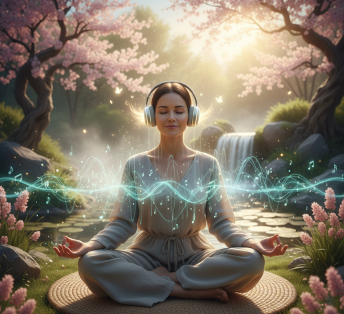 Woman meditating with in nature background wearing headphones.