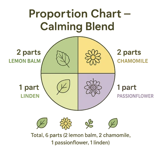 Proportion chart showing 2 parts lemon balm, 2 parts chamomile, 1 part passionflower, 1 part linden.