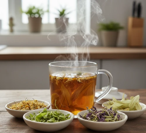 Overhead view of chamomile, lemon balm, passionflower, and linden arranged beside a steaming cup of herbal tea