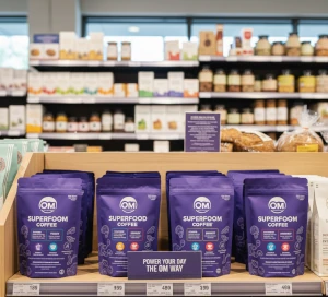 Om Mushroom Superfood mushroom coffee packages on a store shelf.