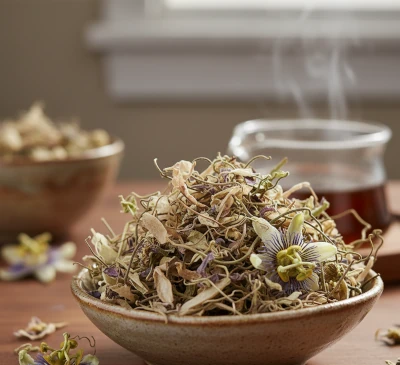 Dried passionflower aerial parts ready for infusion.