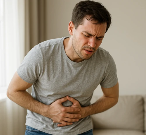 man bent over with stomach pain.