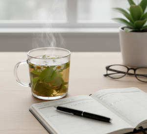 Cup of herbal tea beside a weekly planner to suggest 1–2 cups per day.