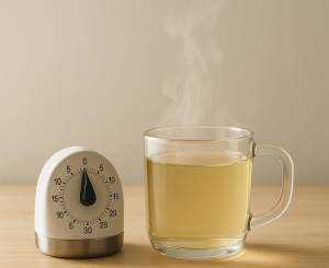 Kitchen timer next to a steaming mug to suggest adjusting steep time.