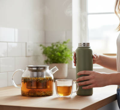 Teapot and insulated bottle used to brew and store a larger batch of nervine tea.