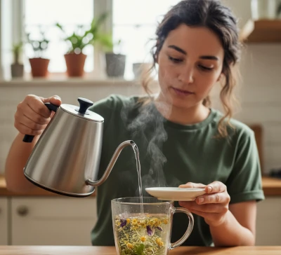 Young adult pouring hot water over loose-leaf nervine tea blend in a mug.